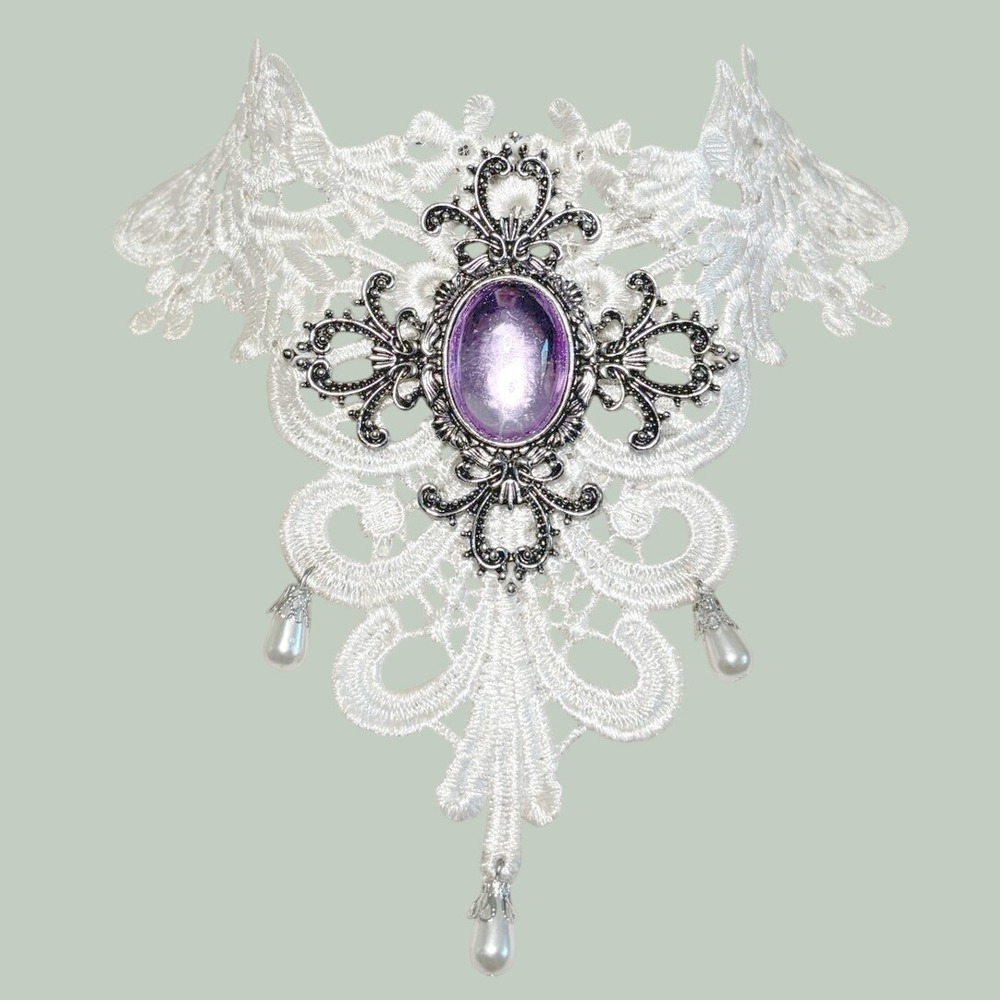 Womens Victorian-style White Lace Choker Purple Faux Gem Renaissance Cosplay